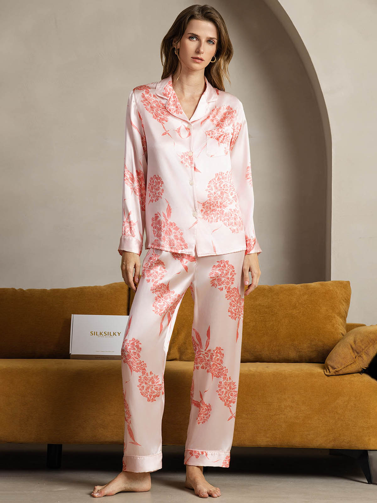 [Fleurs Corail] SilkSilky-FR Pure Soie Womens Pajamas 001
