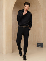 [Noir] SilkSilky-FR 19Momme Manches longues Col à Revers Homme Chemise 008