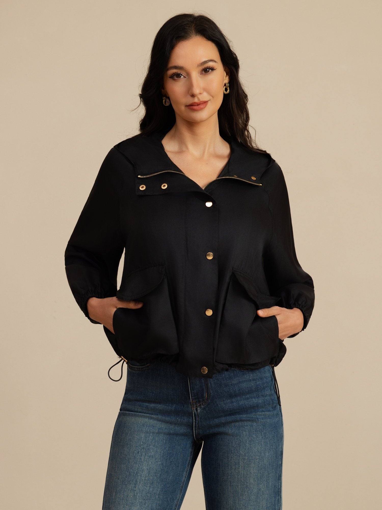 [Noir] SilkSilky-FR Manches longues Col Haut Femme Manteaux 004