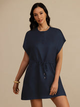 [Bleu Foncé] SilkSilky-FR 18Momme Mancheron Col Henley Robes 004