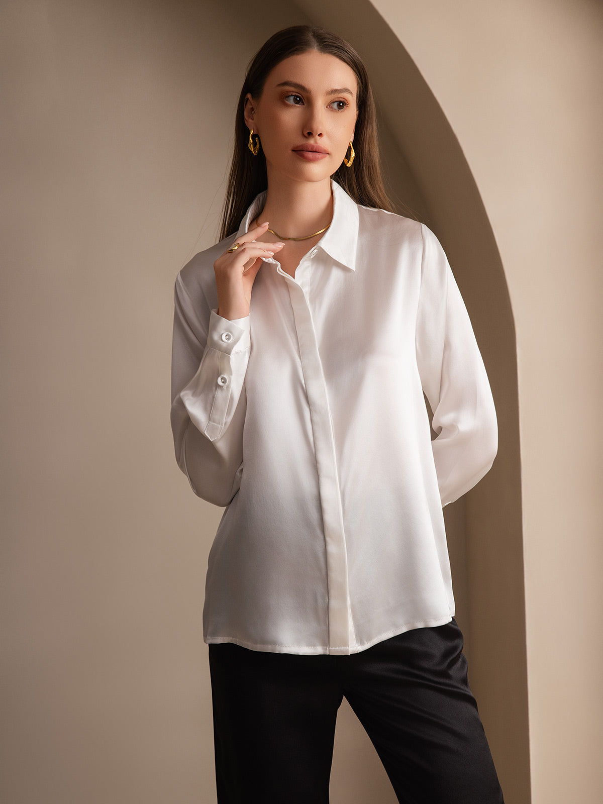 [Blanc] SilkSilky-FR 19Momme Soie Lapel Collar Femme Chemise 004