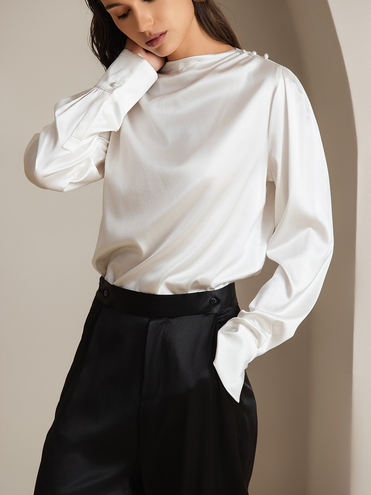 [Blanc] SilkSilky-FR 19Momme Soie Womens Shirt 003