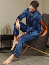 [Bleu Foncé] SilkSilky-FR Pure Soie Manches longues Revers Homme Pyjamas 007