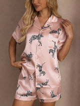[Zèbre Rose] SilkSilky-FR Short Sleeve Lapel Collar Femme Pyjamas 004