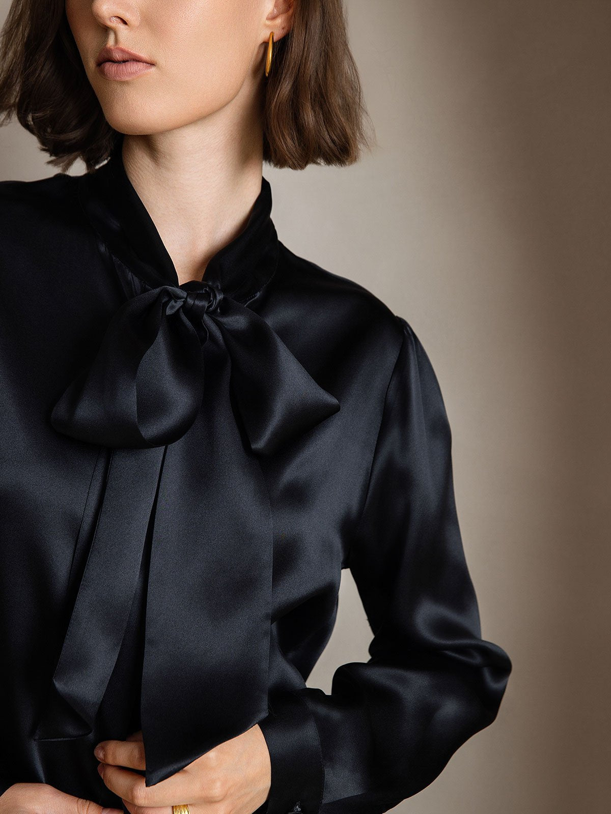 [Noir] SilkSilky-FR 19Momme Manches longues À Nouer Blouse 002