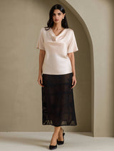 [Beige] SilkSilky-FR Short Sleeve Cowl Neck Blouse 006