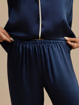 [Bleu Foncé] SilkSilky-FR Manches longues Col Cranté Femme Pyjamas 005