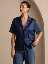 [Bleu Foncé] SilkSilky-FR Short Sleeve Notch Collar Femme Chemise 003