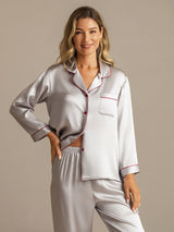[Argent] SilkSilky-FR Manches longues Col Cranté Femme Pyjamas 003