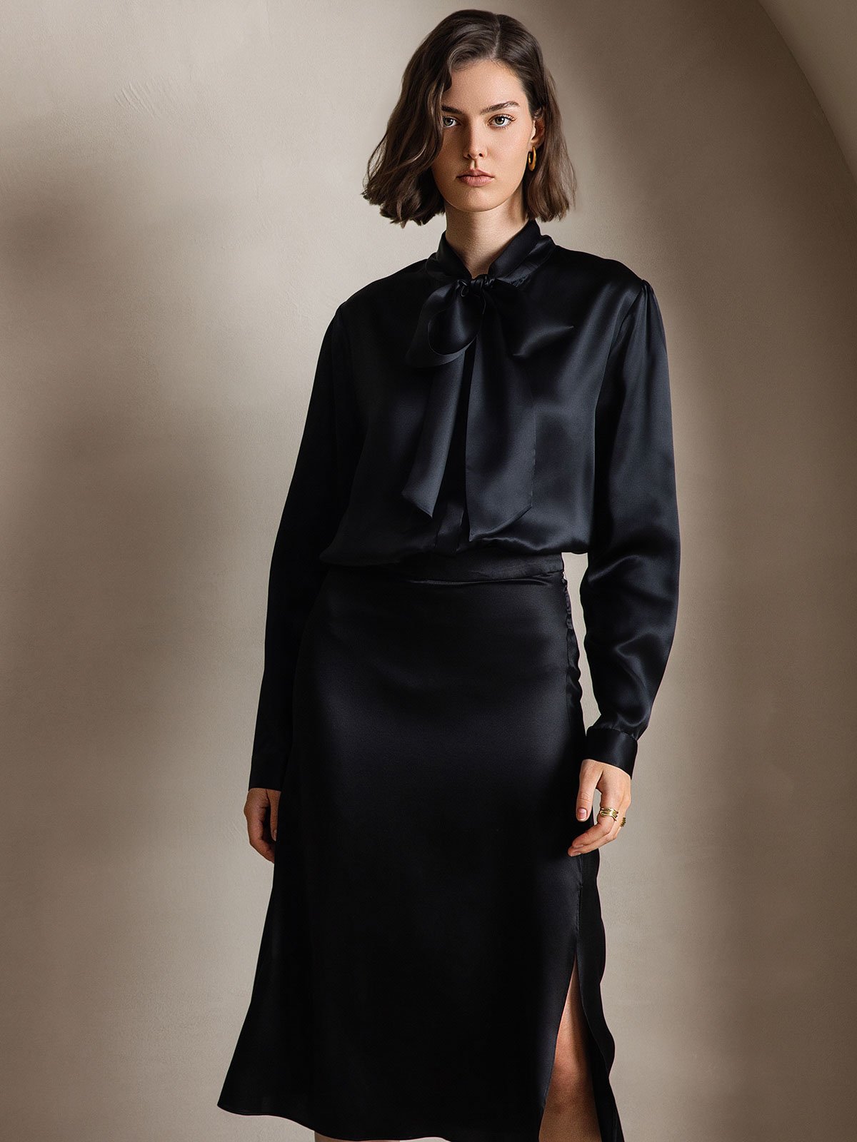 [Noir] SilkSilky-FR 19Momme Manches longues À Nouer Blouse 003