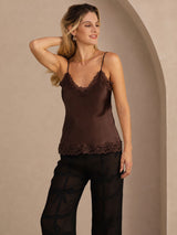 [Brun] SilkSilky-FR Spaghetti Strap V Neck Top À Fines Brides 003