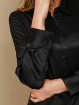 [Noir] SilkSilky-FR Long Sleeve Lapel Collar Femme Chemise 008
