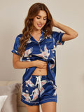 SilkSilky-FR 19Momme Pure Soie Manches courtes Revers Femme Pyjamas BleuFoncé 004