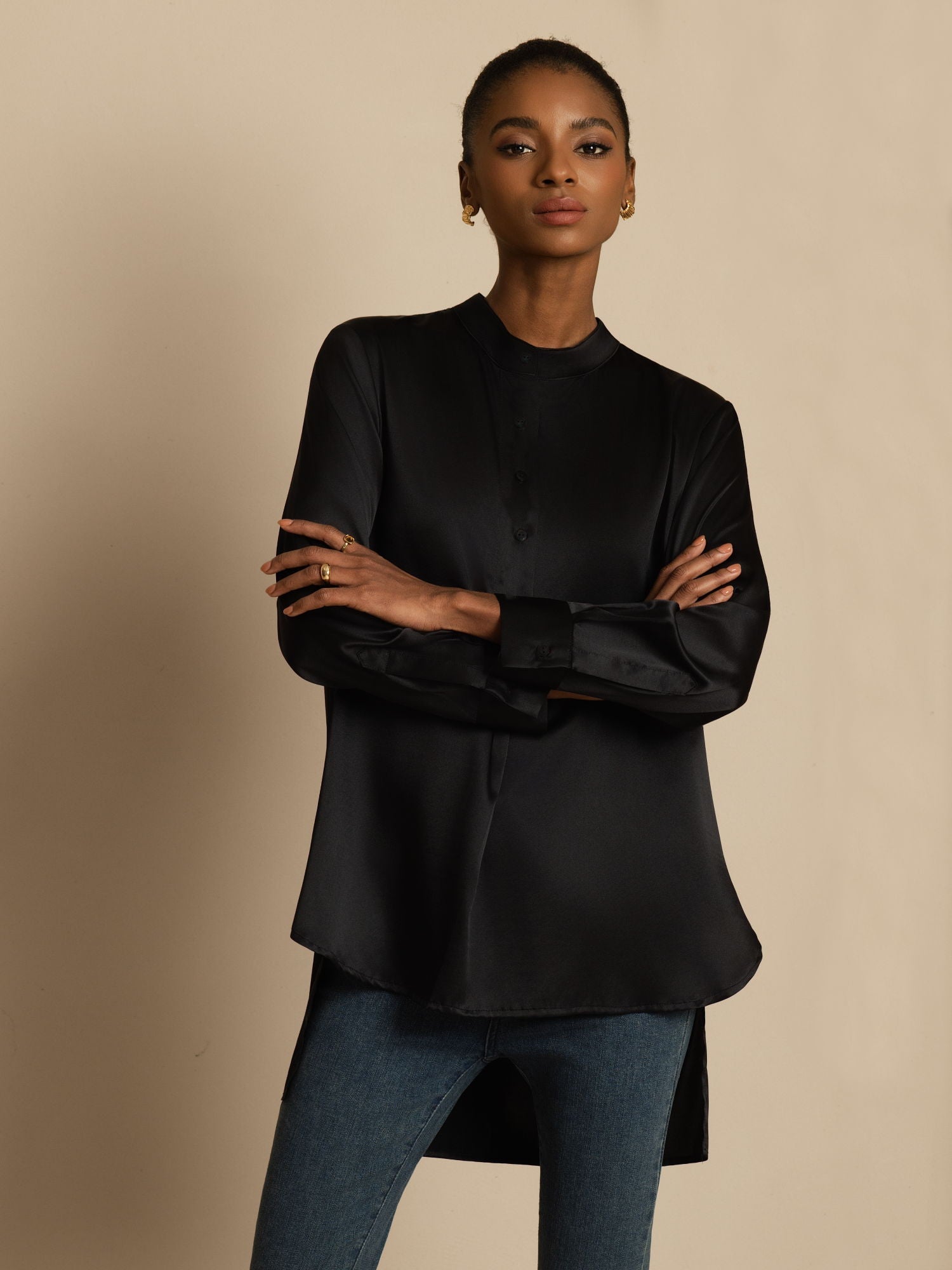 [Noir] SilkSilky-FR 19Momme Soie Manches longues Col Montant Blouse 004