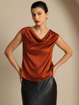 [Caramel] SilkSilky-FR Cap Sleeve Cowl Neck Femme T-Shirt 004