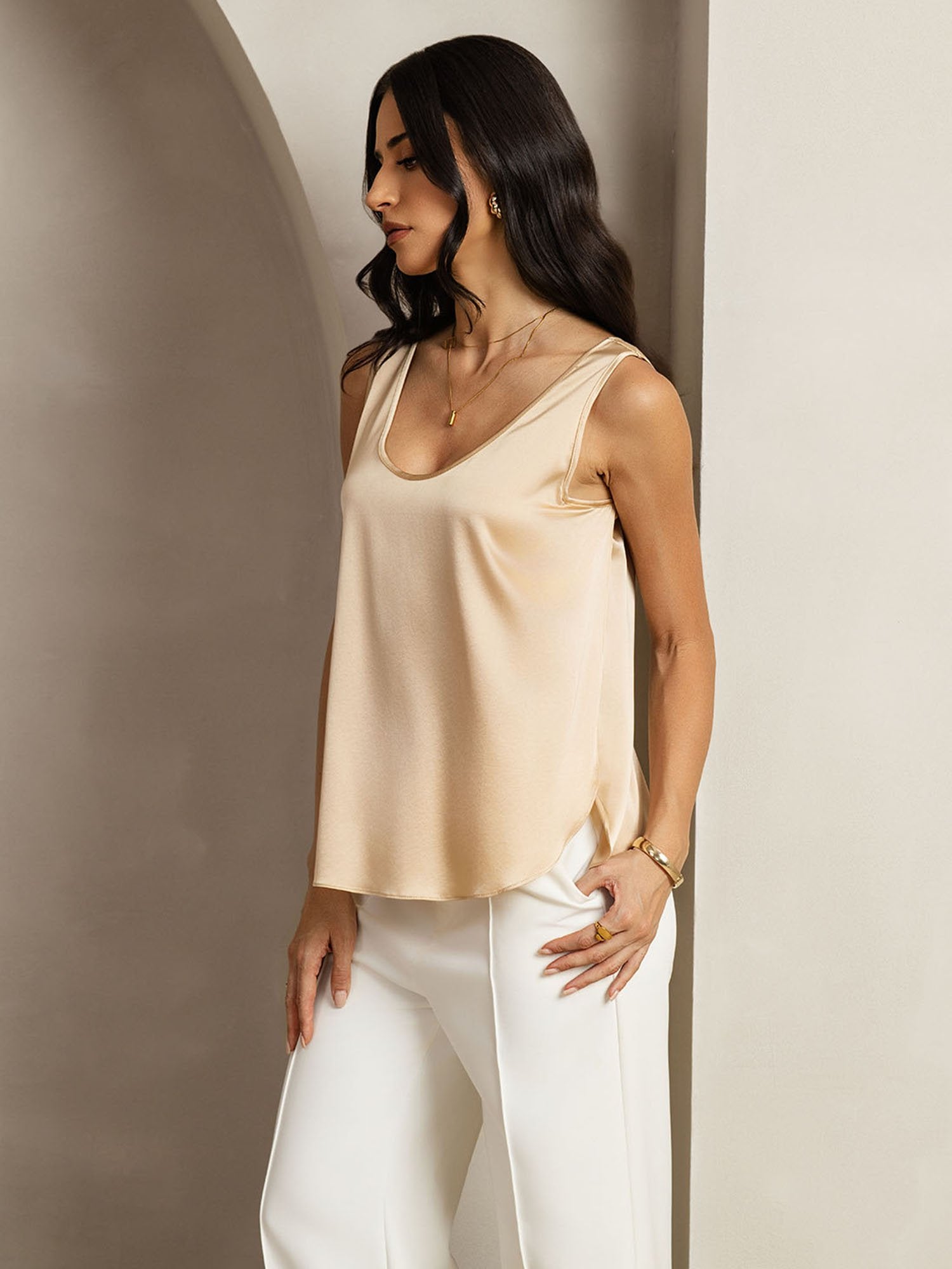 [Champagne] SilkSilky-FR 19Momme Soie Womens T-Shirt 007