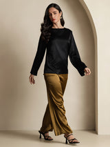 [Noir] SilkSilky-FR Long Sleeve Boat Neck Blouse 008