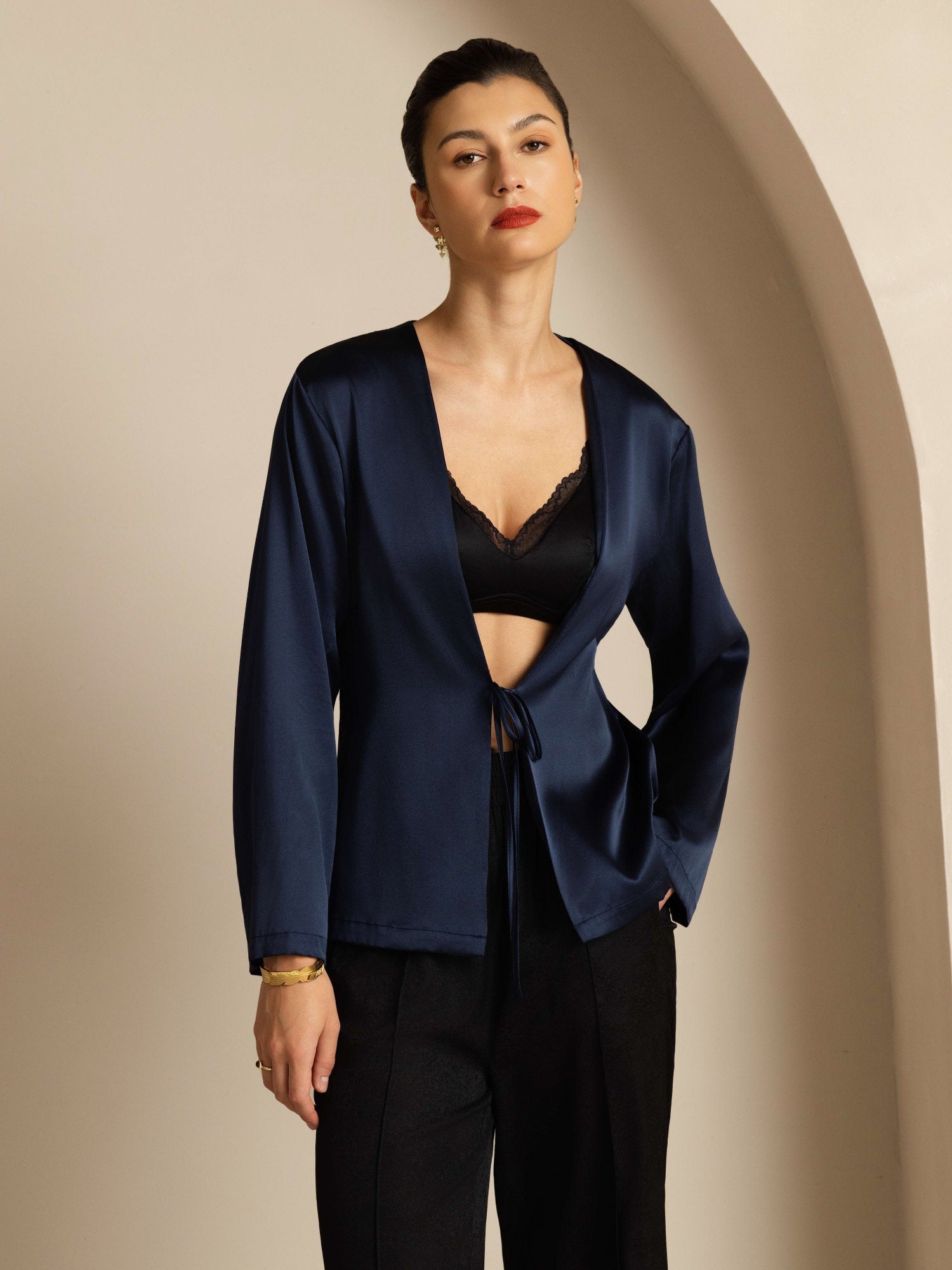 [Bleu Foncé] SilkSilky-FR 19Momme Soie Manches longues Womens Outerwear 001