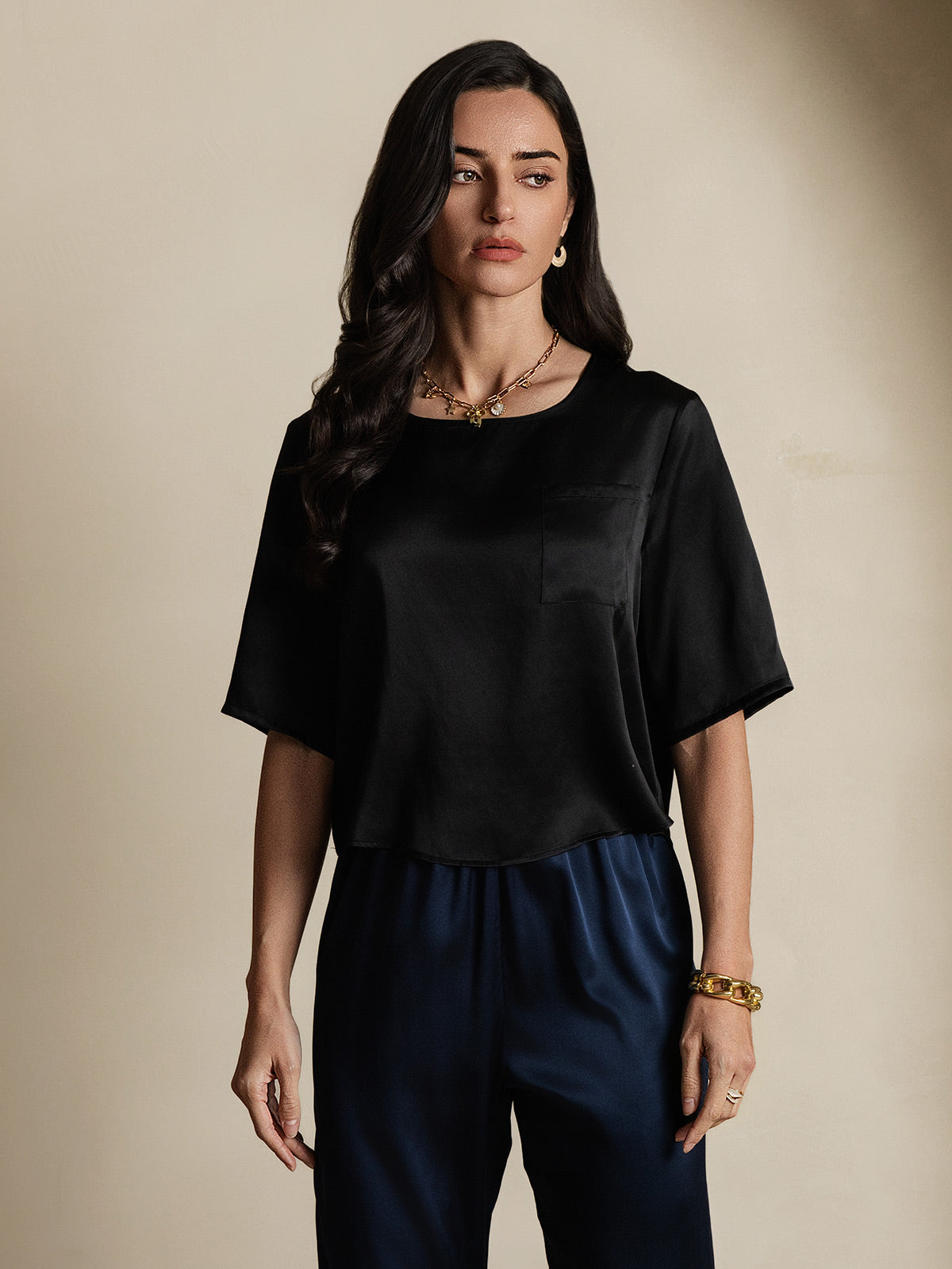 [Noir] SilkSilky-FR Pure Soie Manches mi-longues Col Bateau Femme T-Shirt 005