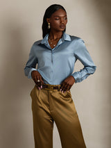 [Bleu Grisâtre] SilkSilky-FR Long Sleeve Lapel Collar Femme Chemise 003