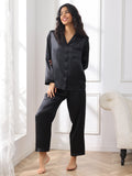 SilkSilky FR Pure Soie Manches longues Revers Femme Pyjamas Noir 005