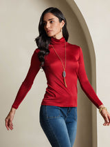 [Rouge Vineux] SilkSilky-FR Manches longues Col Roulé Femme T-Shirt 005