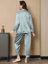 [Bleu Acier] SilkSilky-FR Long Sleeve Lapel Collar Femme Pyjamas 003