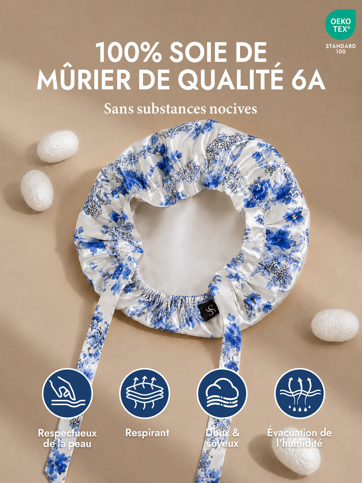 [Porcelaine Bleu Et Blanc] SilkSilky-FR Bonnets de Nuit 002