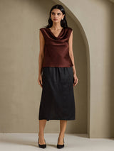 [Chocolat Noir] SilkSilky-FR Cap Sleeve Cowl Neck Femme T-Shirt 006