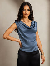 [Bleu Canard Véritable] SilkSilky-FR Cap Sleeve Cowl Neck Femme T-Shirt 001