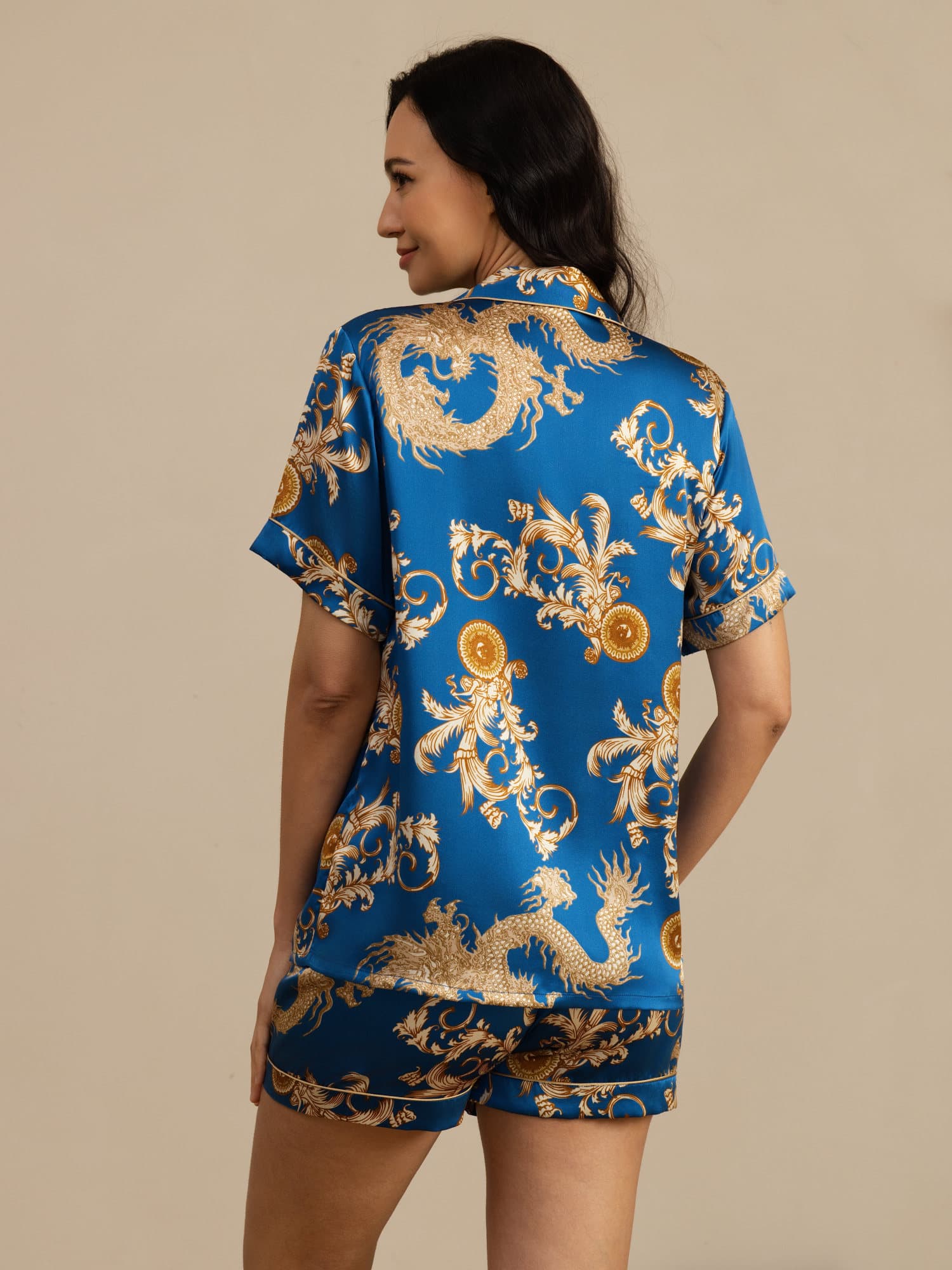 [Dragon Navy] SilkSilky-FR Manches courtes Femme Pyjamas 002