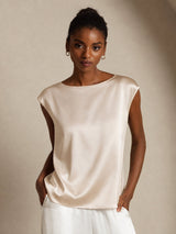 [Beige] SilkSilky-FR Cap Sleeve Round Neck Femme T-Shirt 001