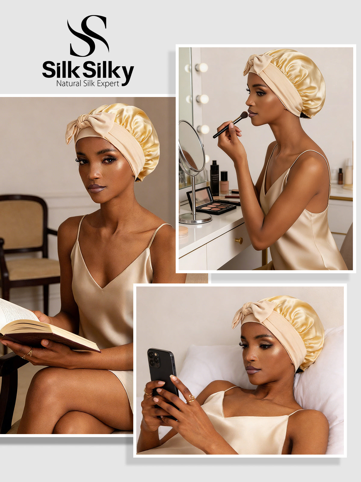 [Champagne] SilkSilky-FR Soie Sleep Cap 005