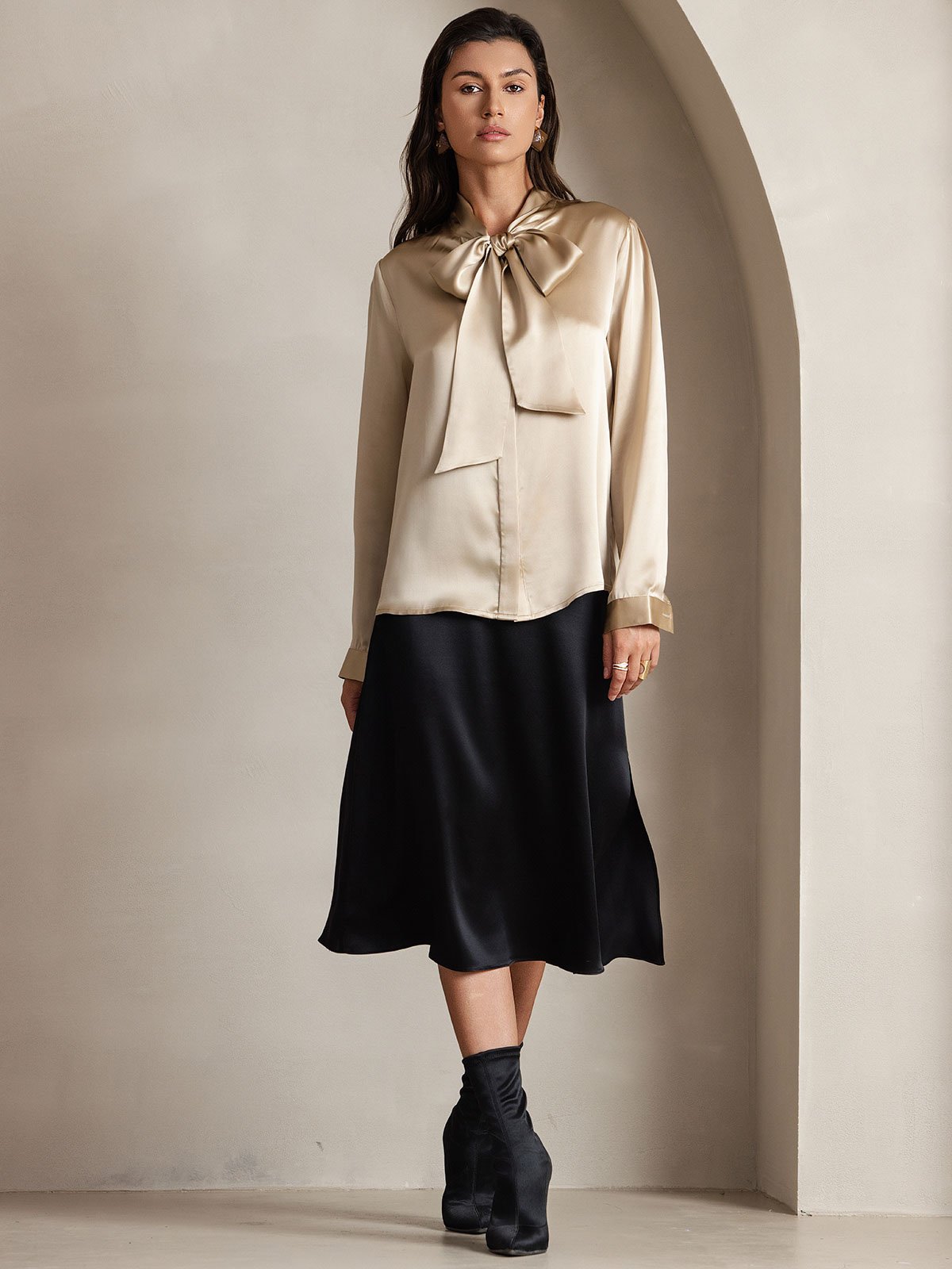 [Champagne] SilkSilky-FR 19Momme Manches longues À Nouer Blouse 006