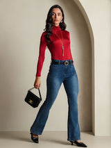 [Rouge Vineux] SilkSilky-FR Manches longues Col Roulé Femme T-Shirt 006
