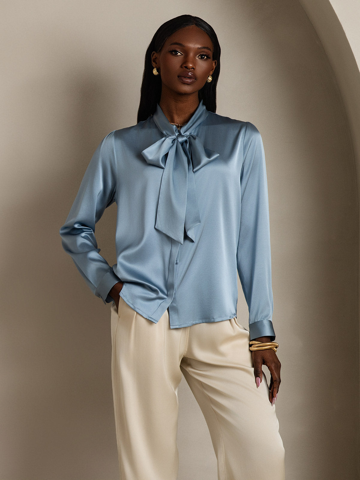 [Bleu Grisâtre] SilkSilky-FR 19Momme Manches longues À Nouer Blouse 007