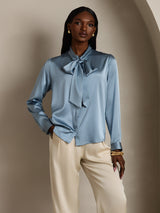 [Bleu Grisâtre] SilkSilky-FR Long Sleeve Tie Neck Blouse 007