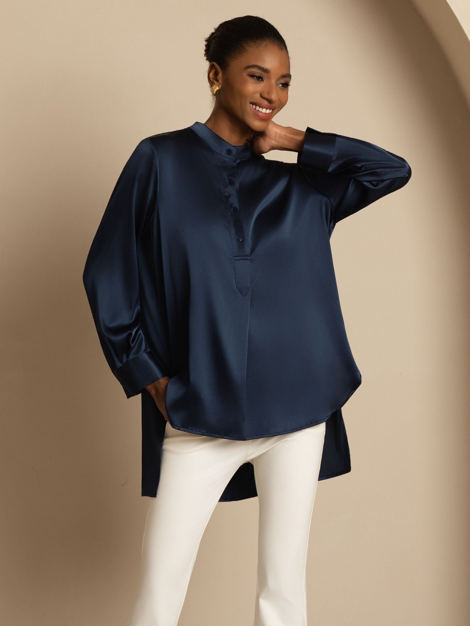 [Bleu Foncé] SilkSilky-FR 19Momme Soie Manches longues Col Montant Blouse 006