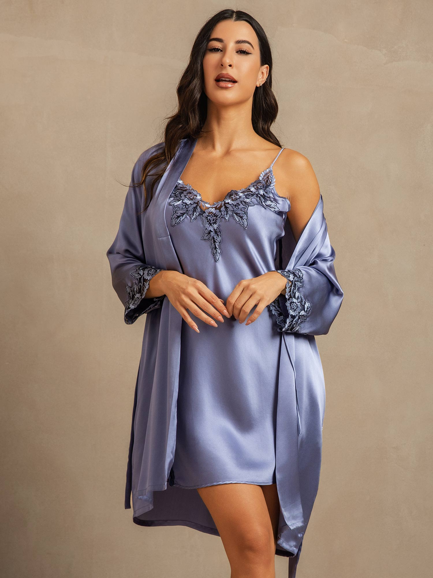 [Bleu Acier] SilkSilky-FR Trois-quart Nightgown&Robe Set 003