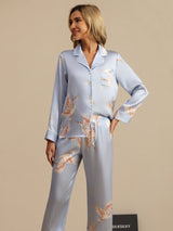 [Bleu Clair] SilkSilky-FR Long Sleeve Lapel Collar Femme Pyjamas 003