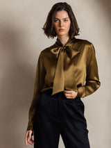 [Brun] SilkSilky-FR Long Sleeve Tie Neck Blouse 007