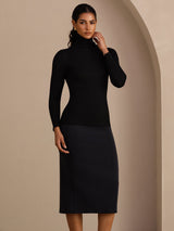 [Noir] SilkSilky-FR Long Sleeve Turtle Neck Femme T-Shirt 005