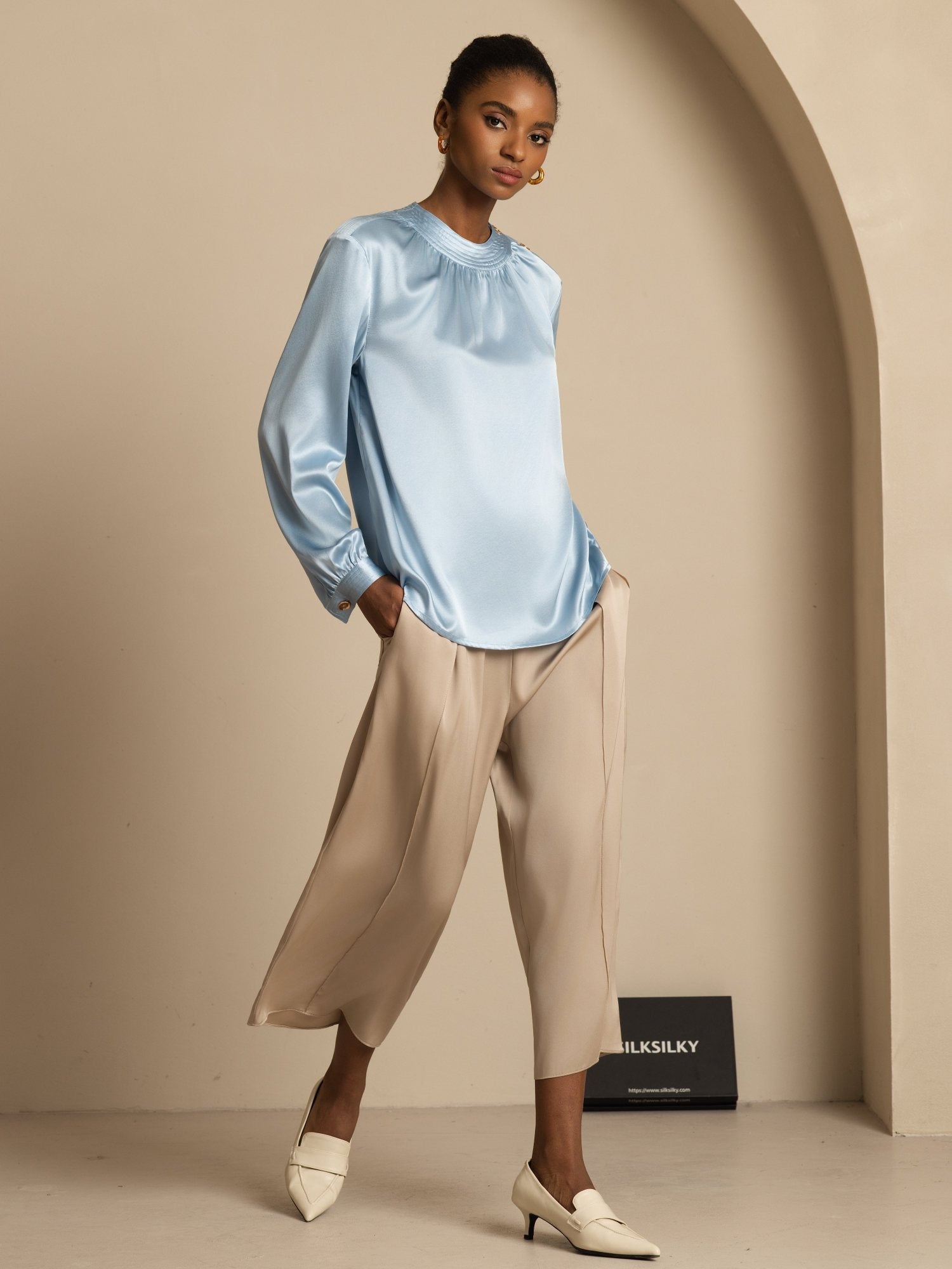 [BleuGrisâtre] SilkSilky-FR 19Momme Soie Manches longues Col Rond Blouse 007