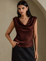 [Chocolat Noir] SilkSilky-FR Cap Sleeve Cowl Neck Femme T-Shirt 005