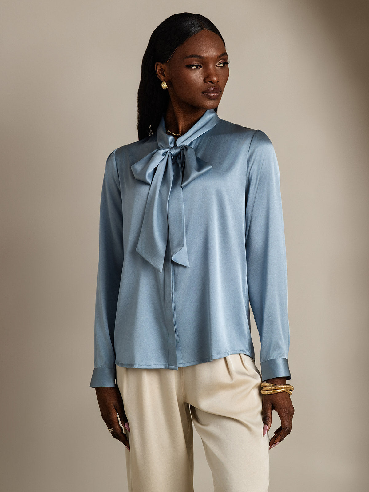 [Bleu Grisâtre] SilkSilky-FR 19Momme Manches longues À Nouer Blouse 004