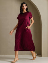 [Rouge Foncé] SilkSilky-FR Short Sleeve Crew Neck Robes 007