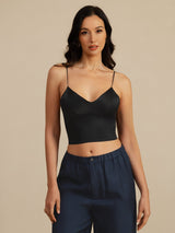 [Noir] SilkSilky-FR Spaghetti Strap V Neck Top À Fines Brides 001