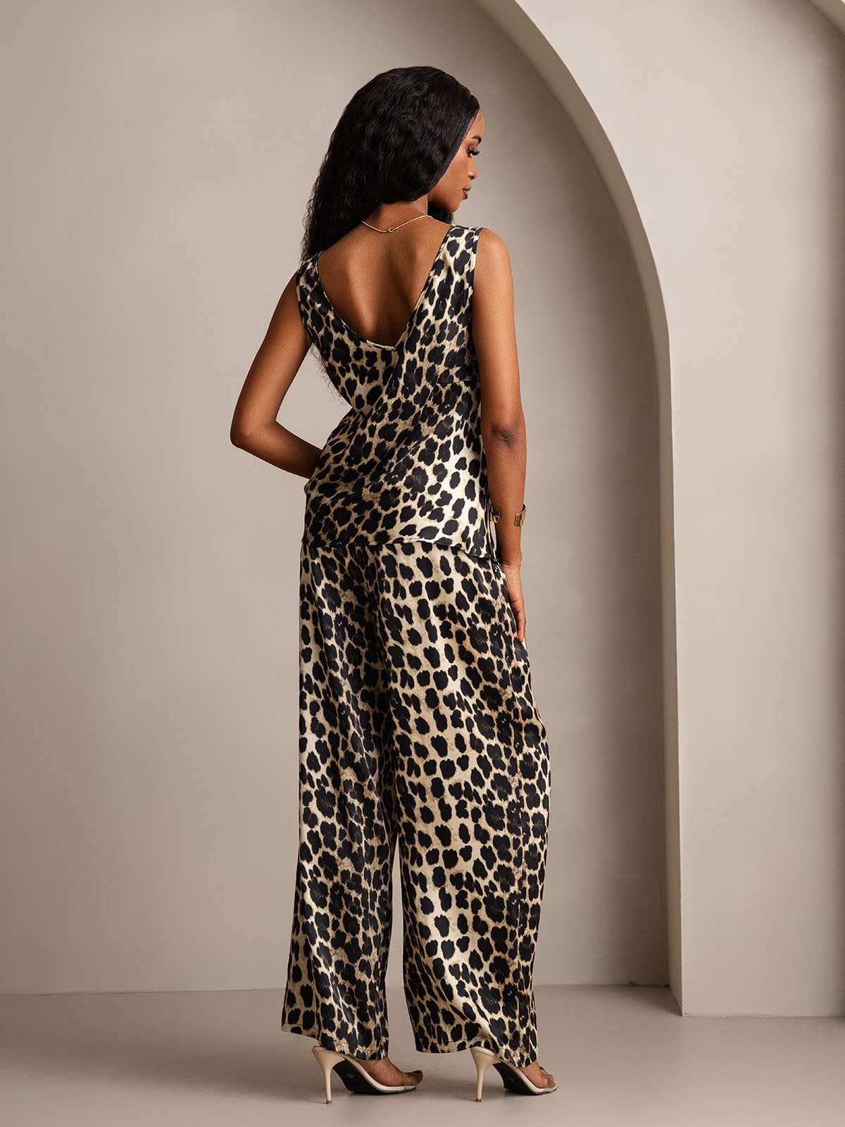 SilkSilky-FR Soie Col en V Women''s Outfit Sets Leopard 002
