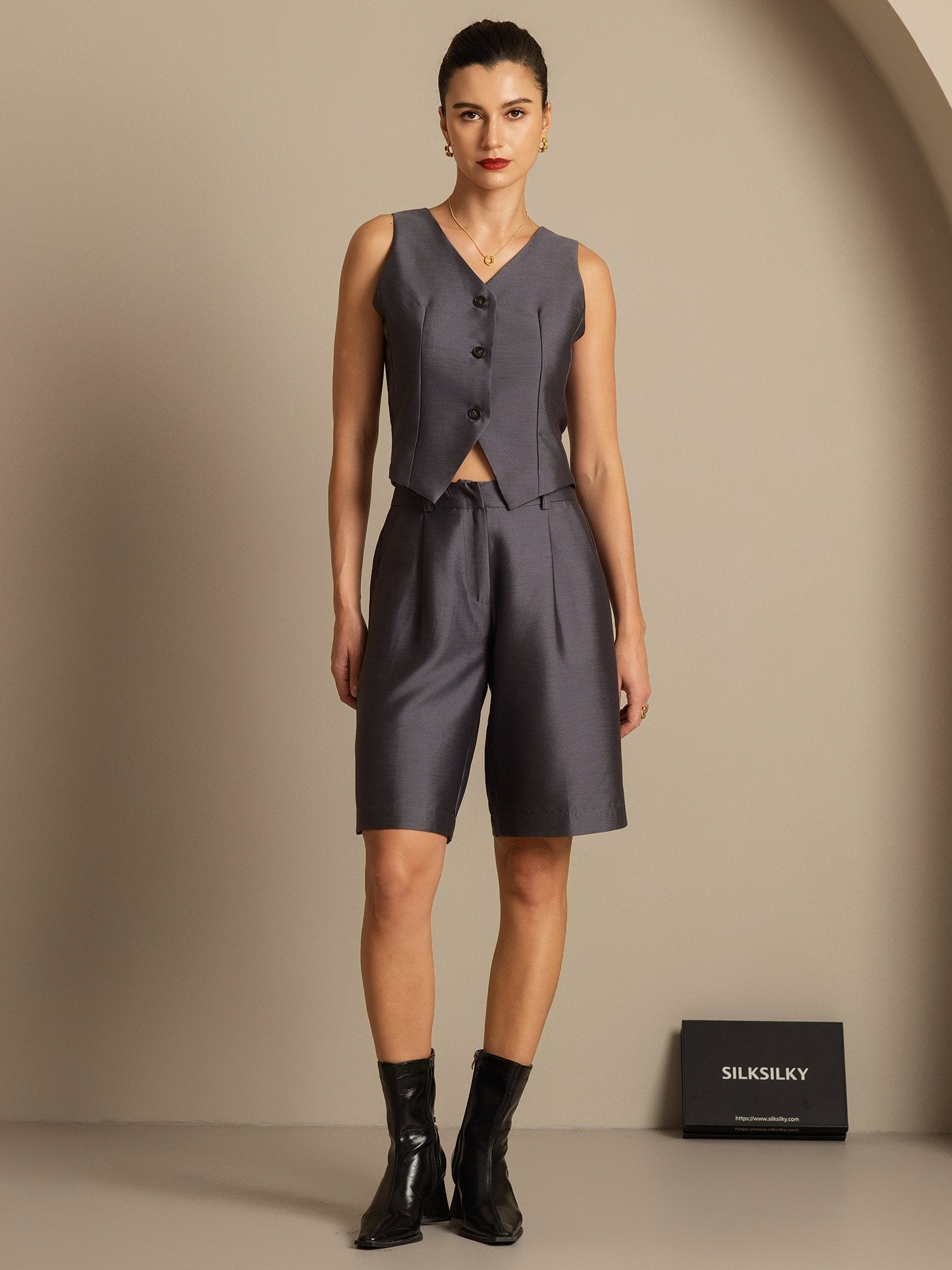 [Gris] SilkSilky-FR 32Momme Soie Womens Vest 001,