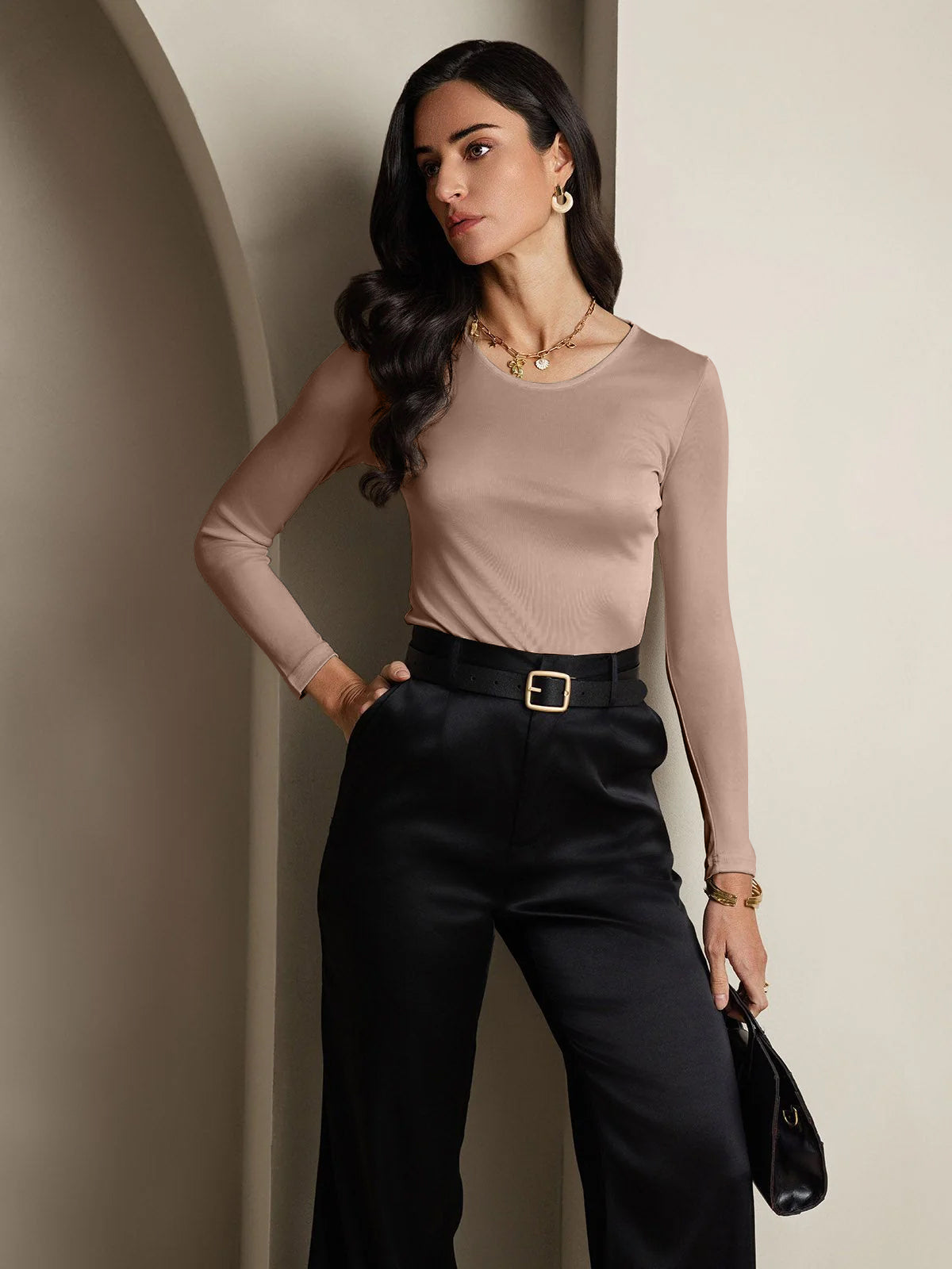 [Café] SilkSilky-FR Manches longues Col Rond Femme T-Shirt 004